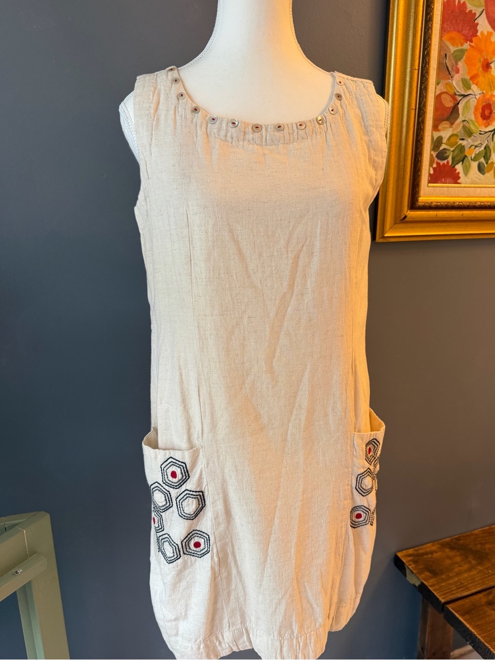 Embroidered linen/cotton Pocket Beige Sleeveless Mini Dress